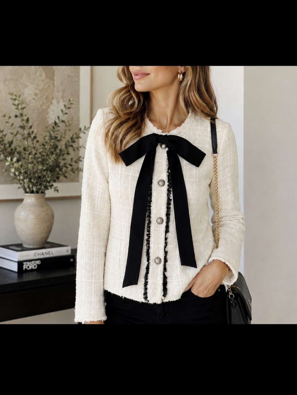 ZARA Cream Tweed Jacket Black Velvet Bow Fringe  Quiet Luxury Size M